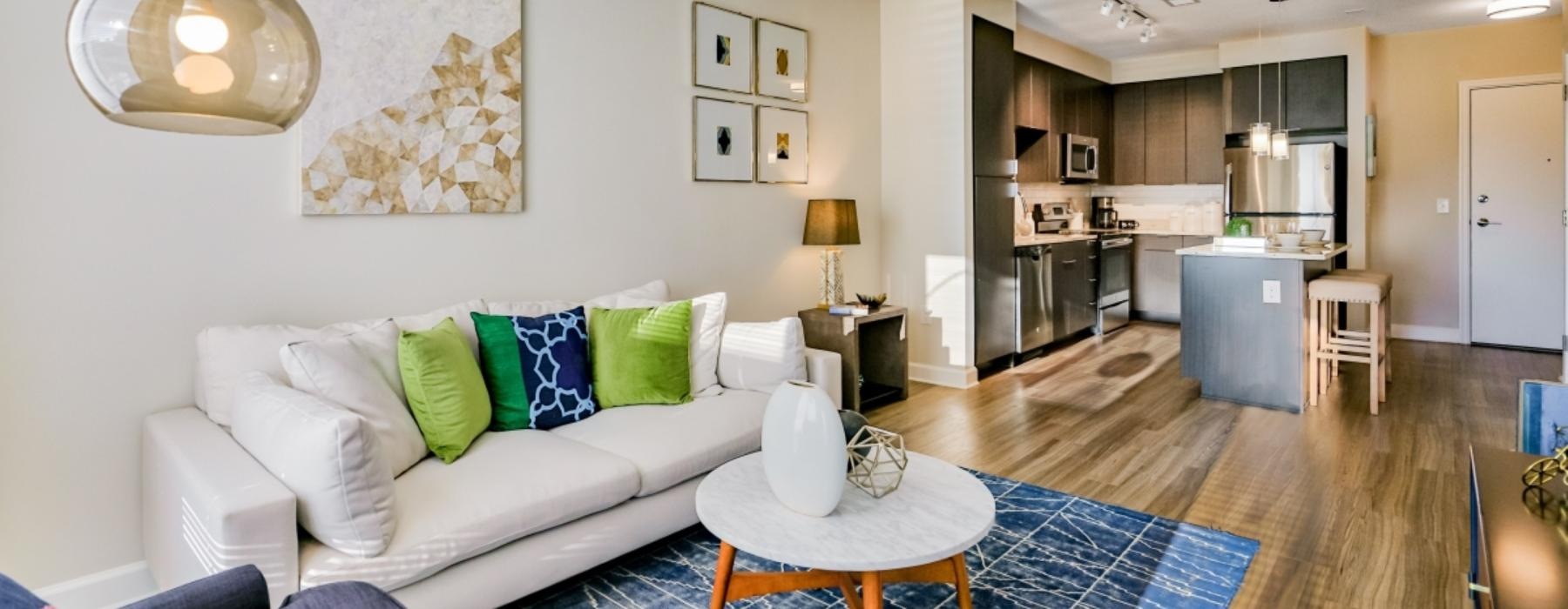 a living room with a couch and a table