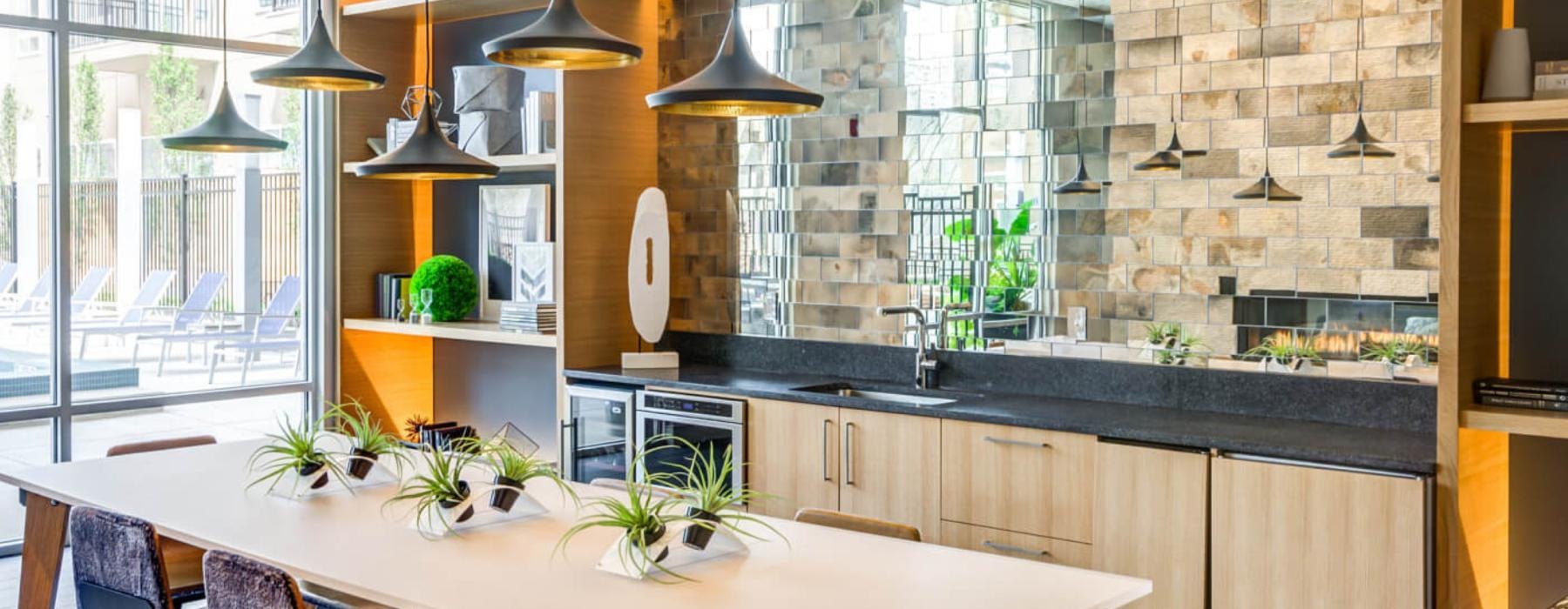 a kitchen with a large window